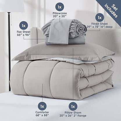 Nestl 5 Piece Twin Comforter Set – Linen Reversible Bed in a Bag – Complete Twin Size Bedding Set with Sheets, Pillowcase and Sham