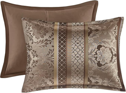 Madison Park Bellagio Cozy Comforter Set - Luxurious Jaquard Traditional Damask Design, All Season Down Alternative Bedding with Matching Shams, Decorative Pillow, King(104"x92"), Brown/Gold 7 Piece