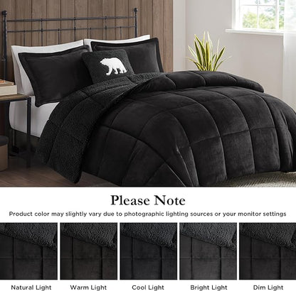Woolrich Reversible Comforter Set Ultra Soft Plush to Sherpa, Down Alternative, Cold Weather Winter Warm Bedding, with Matching Sham, Decorative Pillow Black/Black Full/Queen 4 Piece