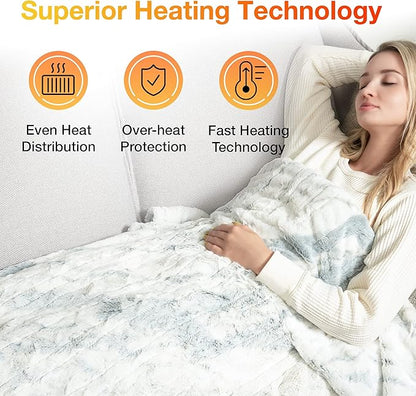 WOOMER Heated Blanket Throw 50" x 60", Electric Blanket Throw with 4 Heating Levels & 4H Auto Off, ETL Certified, Marble Blue Double-Sided Faux Fur, Over-Heat Protect, Machine Washable