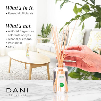 DANI Naturals Reed Diffuser Set -Bamboo Bergamot Scent - Aromatherapy Essential Oils, Alcohol-Free - 10 Sticks, 3.5 oz