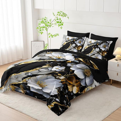 7 Piece Marble Floral Comforter Set Queen，Black and White Marble Bedding Set，Black and Gold Marble Bedroom Decor，(1 Comforter, 1 Flat Sheet, 1 Fitted Sheet, 2 Pillowcase and 2 Pillow Sham)