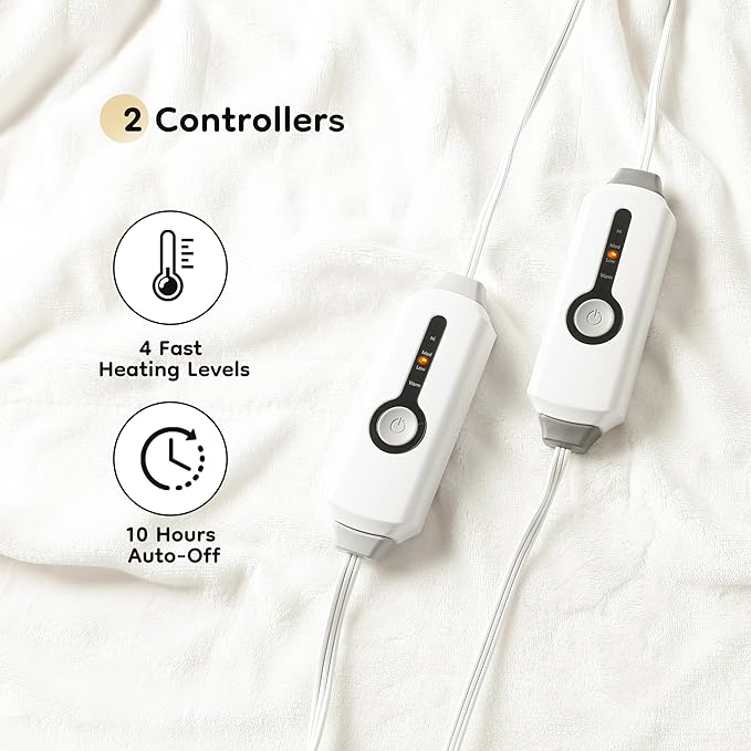 Electric Heated Blanket Queen Size 84"x90", with Dual Control Breathable & Luxurious Flannel, with 4 Heating Levels & 10 Hours Auto-Off, Fast Heating, Machine Washable, for Bedding-White