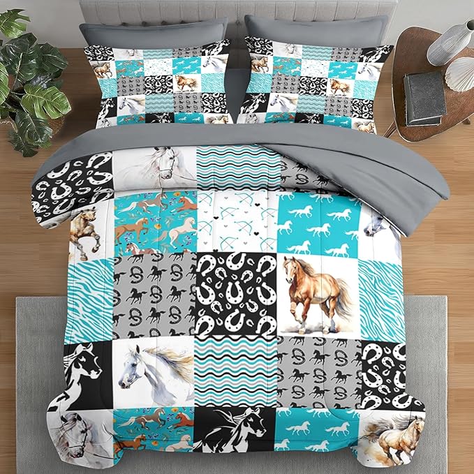 Comforter Set Twin Size, Horse Bedding for Kids and Adults, Colorful Patchwork Bed Sheet Sets with Fitted Sheet Pillowcase & Sham for Bedroom Bed Decor
