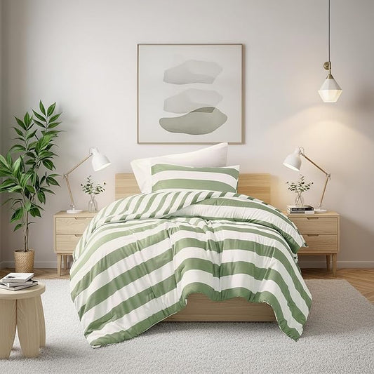 Reversible Striped Twin Comforter Set, Soft Microfiber Bedding Set with Double-Sided Stripes Design, Warm & Cozy for All-Seasons, 2-Piece Comforter and Sham Set Twin Size, Sage Green