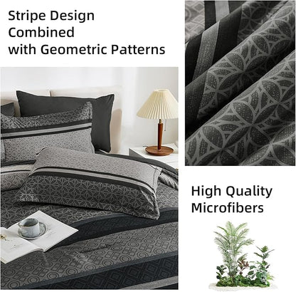 WONGS BEDDING Twin Comforter Set 6 Pieces, Black Grey Striped Bed in a Bag Comforter and Sheet Set, Soft Lightweight Micorfiber Bedding Set All Season for Kids Boys Teen (90"×90")