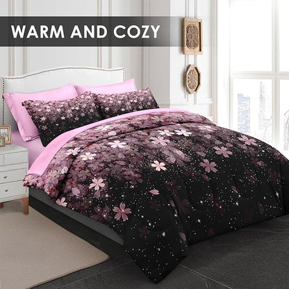 Comforter Set Full Size, Pink Cherry Flower 7 Pcs Bedding for Kids and Adults, Blossom Floral Bed Sheet Sets with Fitted Sheet 2 Pillowcases & 2 Shams for Bedroom Bed Decor