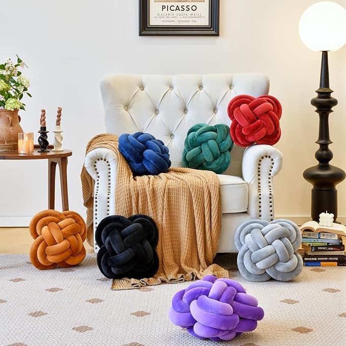 Xuyier Knot Pillow Ball, Decorative Throw Pillows with Velvet Fabric for Couch Bed, 12" Decor Knotted Square Floor Pillow Cushions for Living Room (12 Inches, Black)