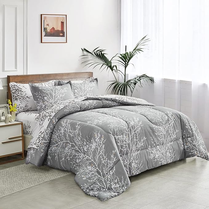 UOZZI BEDDING Bed in a Bag 7 Pieces King Size Gray Branches with Yellow Dots - Soft Microfiber Reversible Bed Comforter Set (1 Comforter Pillow Shams 1 Flat Sheet 1 Fitted Sheet 2 Pillowcases)