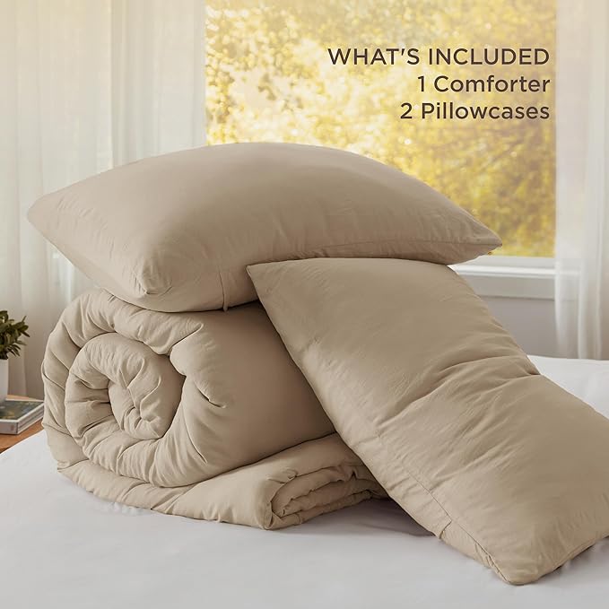 Bedsure Full Comforter Set, Khaki Soft Prewashed Bedding for All Seasons, 3 Pieces GentleSoft™ Bed Set, 1 Lightweight Comforter (82"x86") and 2 Pillowcases (20"x26")