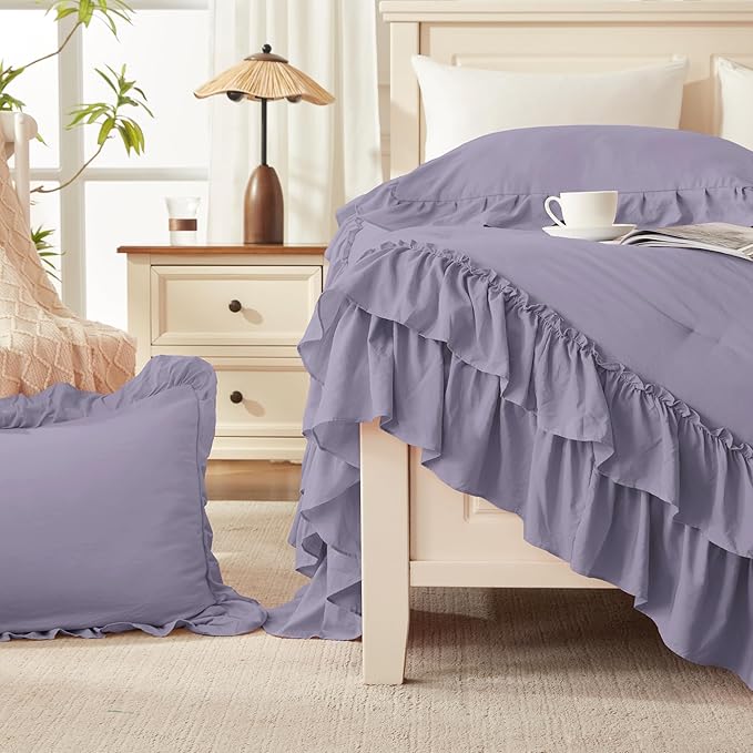 Andency Grayish Purple Ruffle Comforter Full Set, 3pcs Vintage Farmhouse Shabby Chic Bedding Comforter Set, Soft Lightweight Fluffy Bed Comforter Sets All Season Bedding Set