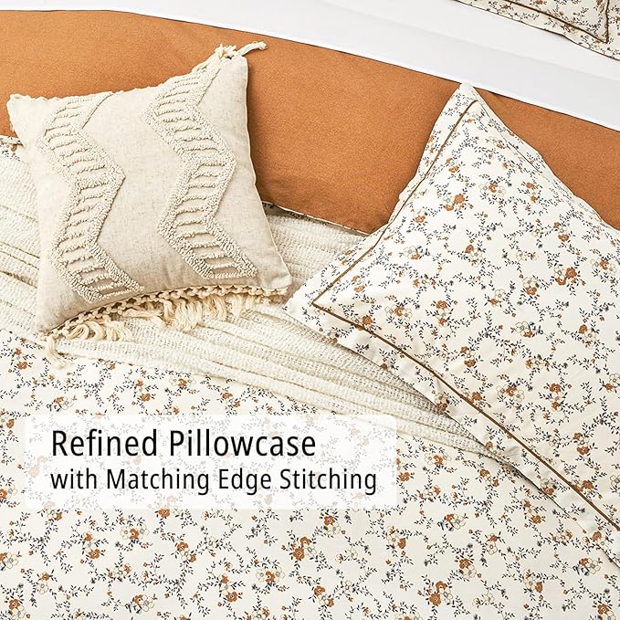 Burnt Orange Floral Cotton Comforter King Size - Delicate Tiny Flowers and Gray Branches on White, Textured Rust Back, 3PC Luxurious Lightweight Bedding Set with Ultra-Soft Alternative Fill
