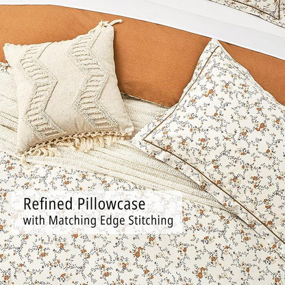 Burnt Orange Floral Cotton Comforter King Size - Delicate Tiny Flowers and Gray Branches on White, Textured Rust Back, 3PC Luxurious Lightweight Bedding Set with Ultra-Soft Alternative Fill