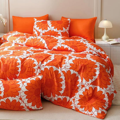 CLOTHKNOW Orange Twin Comforter Set 3Pcs Sunflower Bedding Comforter Sets Dark Orange White Farmhouse Botanical Comforter with 2 x Pillow Cases