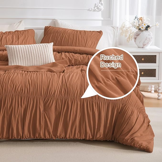 Masaca Pumpkin Oversized King Comforter 128x120,Ruched Ruffle Textured Bedding Comforter Set,3Pcs Ultra Soft Fluffy Shabby Boho Brown Orange Comforter Sets Extra Large