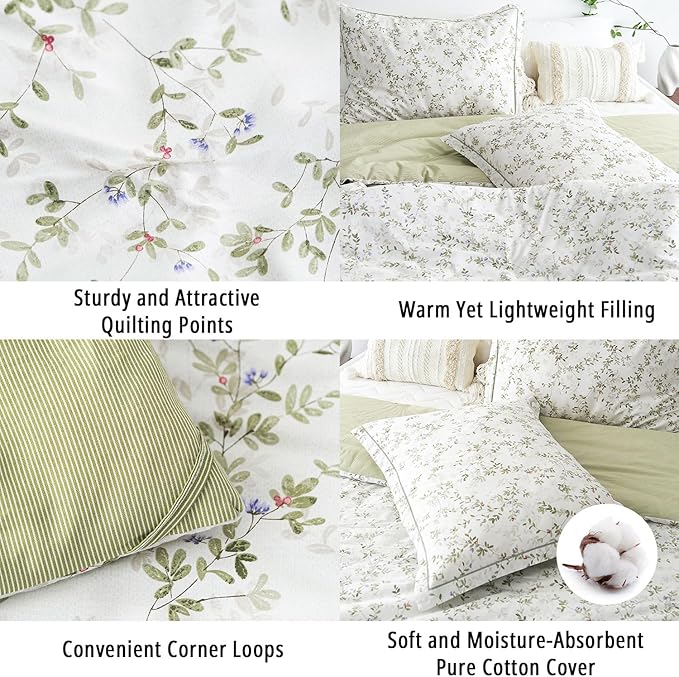 Botanical Cotton Comforter Queen Size - Tender Green Comforter Printed with Leafy Branches & Purple Stamens on Off-White,Reversible Lightweight Bedding Sets 3Pcs