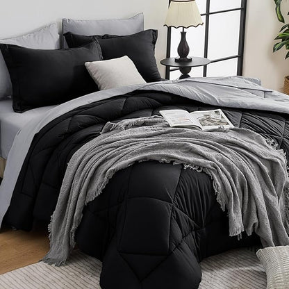 HEVUMYI Twin Comforter Set - 5-Piece All Season Bed in a Bag Twin, Ultra Soft Bedding Set with Comforter, Flat Sheet, Fitted Sheet, Pillowcases, Pillow Shams, Black & Light Grey