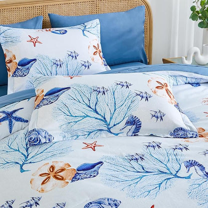 WONGS BEDDING Coastal Queen Comforter Set, 7 Pieces Beach Themed Ocean Sand Dollor & Starfish Pattern Bed in a Bag, Summer Bed Comforter Bedding Set(90"×90")