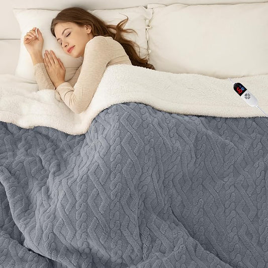 Electric Blanket Full Size 72"X84" Blue - Soft Thick Warm Sherpa Heated Blanket for Winter with 6 Fast Heating Levels & 10hrs LED Timer Auto Off for Women, Overheating Protection for Home