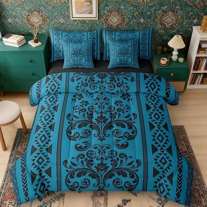Comforter Set Twin Size, Steel Blue Aztec Damask 7 Pcs Bedding for Kids and Adults, Victorian Decor Western Baroque Goth Bed Sheet Sets with Fitted Sheet 2 Pillowcases & 2 Shams for Bedroom Bed Decor