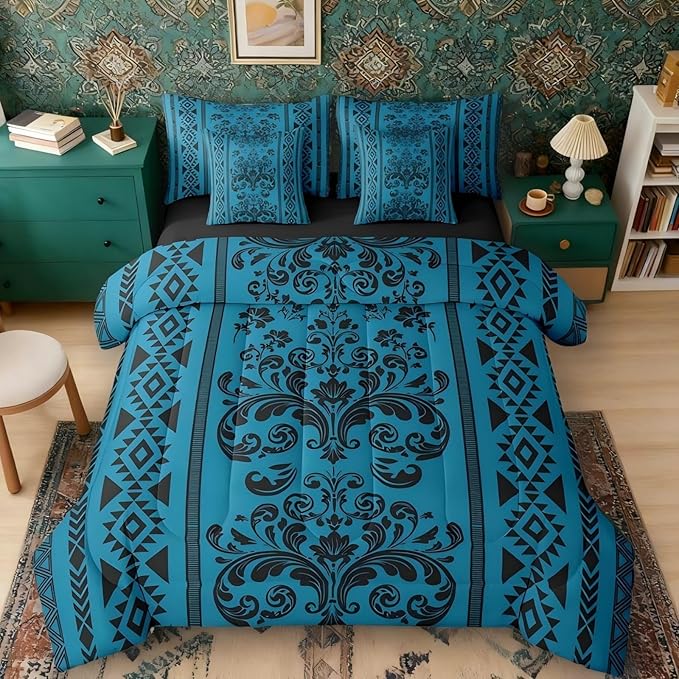 Comforter Set Queen Size, Steel Blue Aztec Damask 7 Pcs Bedding for Kids and Adults, Victorian Decor Western Baroque Goth Bed Sheet Sets with Fitted Sheet 2 Pillowcases & 2 Shams for Bedroom Bed Decor