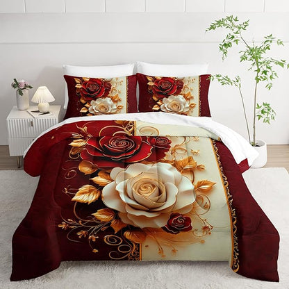 Red Rose Comforter Set Queen 7 Piece，Red Rose Bedding Sets Queen，(1 Comforter, 1 Flat Sheet, 1 Fitted Sheet, 2 Pillowcase and 2 Pillow Sham)