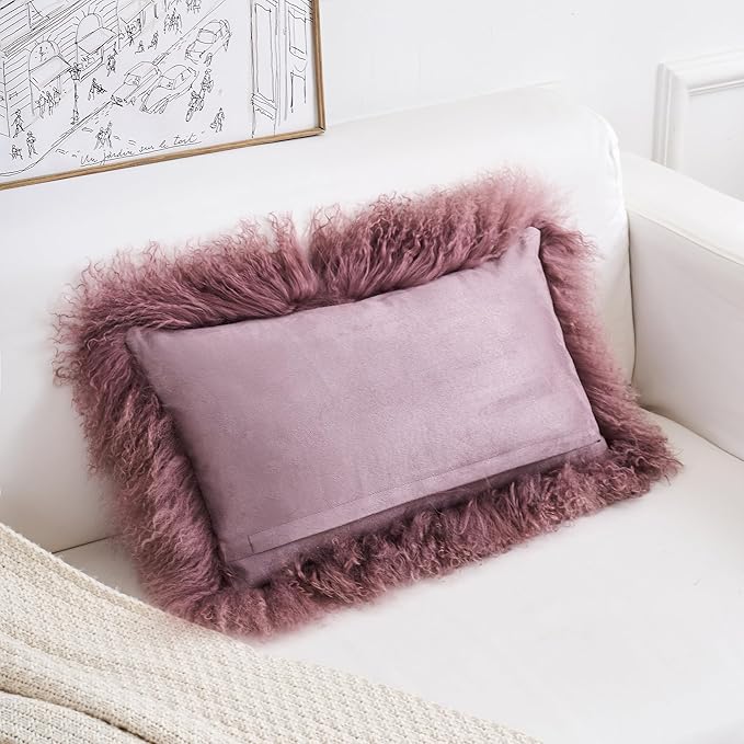 Genuine Mongolian Lamb Fur Pillow Cover – 12"x20" Rectangular Cushion Case – Soft Curly Wool Decorative Accent for Sofa, Bed, or Chair (Rose Taupe)