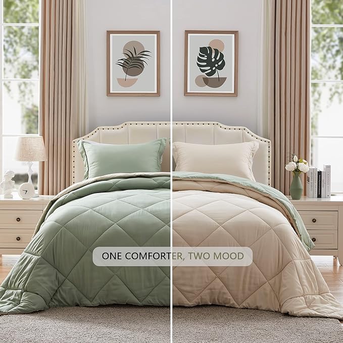 NexHome Queen Comforter Set Sage&Beige,3 Pieces Lightweight Comforters Queen Size Reversible Bedding Comforters Sets,Down Alternative Comforter Bed Set Quilt Blanket(88x88In Comforter & 2 Pillowsham)