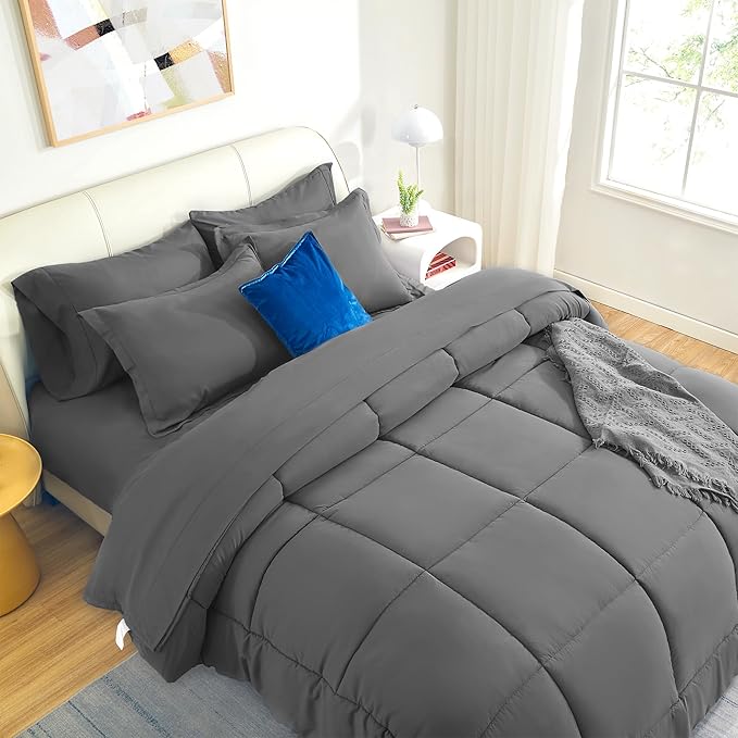 SLEEP ZONE Queen Size Comforter Set Duvet Insert, Down Alternative Reversible Comforter, Lightweight, Soft and Breathable Bedding All Season, Square Quilting Grey