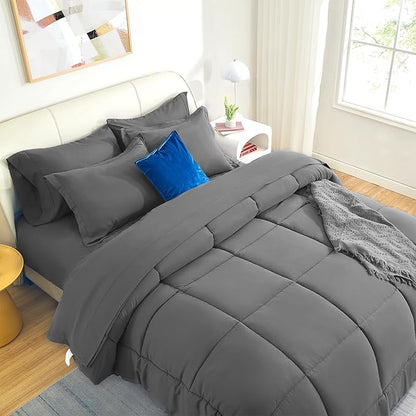 SLEEP ZONE Queen Size Comforter Set Duvet Insert, Down Alternative Reversible Comforter, Lightweight, Soft and Breathable Bedding All Season, Square Quilting Grey