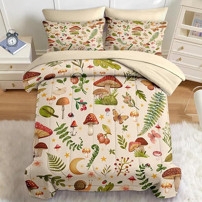 Nesker 7 Pcs Spring Comforter Set Queen Size, Mushroom Fern Bedding Set for Kids and Adults, Butterfly Leaf Bed Sheet Sets with Fitted Sheet 2 Pillowcases & 2 Shams
