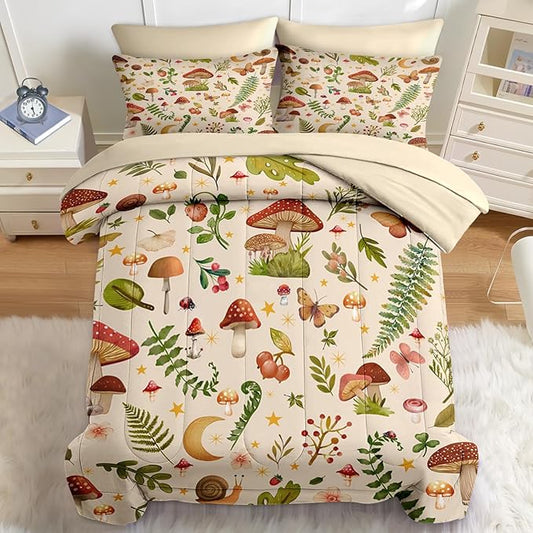 Nesker 7 Pcs Spring Comforter Set Queen Size, Mushroom Fern Bedding Set for Kids and Adults, Butterfly Leaf Bed Sheet Sets with Fitted Sheet 2 Pillowcases & 2 Shams
