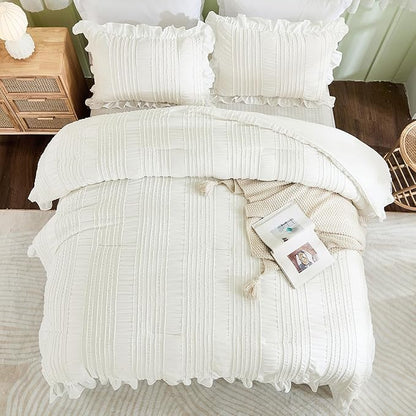 WONGS BEDDING White Comforter Set King,3 Pieces Ruffle Farmhouse Shabby Chic Boho Comforter for King Bed,Soft Textured Bedding Set with 1 Ruffle Comforter,2 Tufted Pillowcases 104"×90"