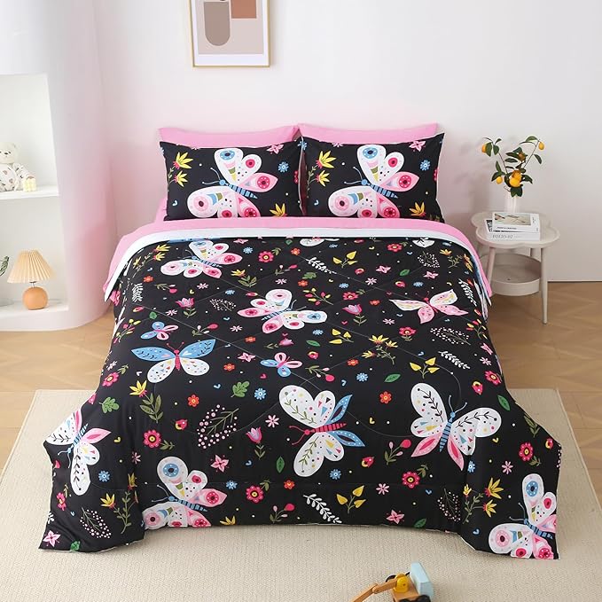 Girls Butterfly Comforter Set Twin Size Black 7 Piece Bed in A Bag Colorful Flowers Leaves Bedding Set for Kids Teens Super Soft All Season