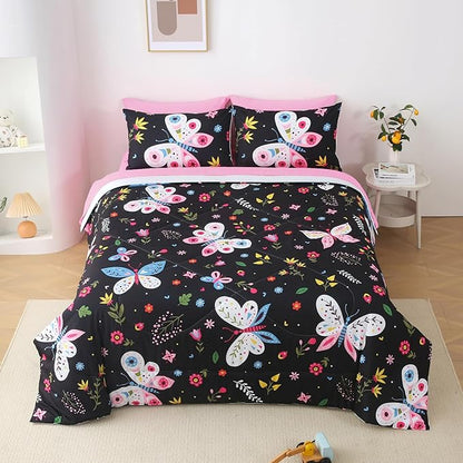 Girls Butterfly Comforter Set Twin Size Black 7 Piece Bed in A Bag Colorful Flowers Leaves Bedding Set for Kids Teens Super Soft All Season
