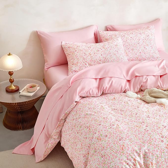 Wake In Cloud - Floral Comforter Set with Sheets, Cute Vintage Flower Cottagecore Aesthetic for Women Teen Girls, 5 Pieces Bed in a Bag, Pink, Twin Size
