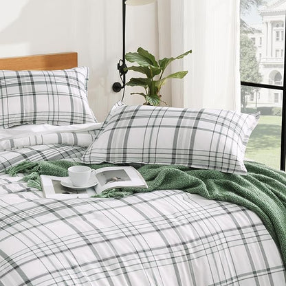 Andency Green White Plaid Comforter Set Queen(90x90Inch), 3 Pieces Preppy Grid Gingham Stripes Bedding Comforter Sets for Boys Girls Kids, Green Line Soft Lightweight Geometric Reversible Bed Set