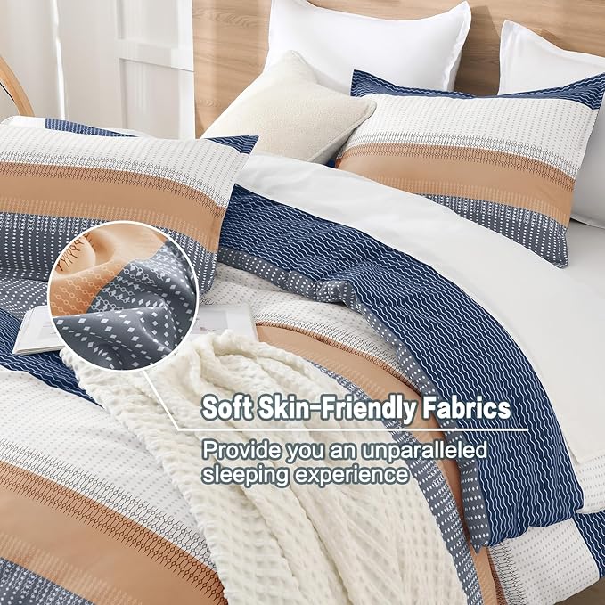 Litanika Comforter Set Full Size Blue Orange - 3 Pieces Lightweight Colorblock Stripe Fluffy Bedding Comforter Sets, All Season Bed Set