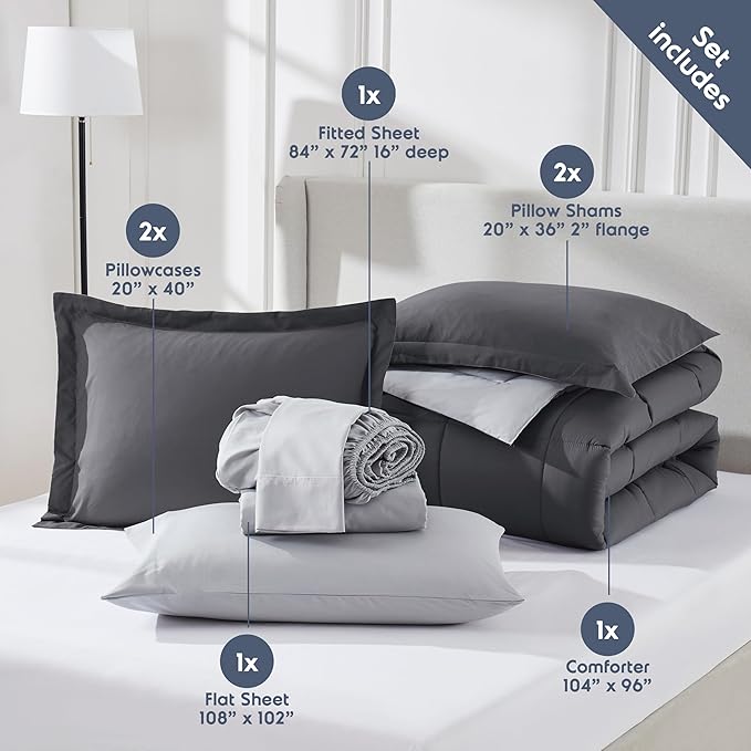 Nestl 7 Piece California King Comforter Set – Dark Grey Reversible Bed in a Bag – Complete Cal King Size Bedding Set with Sheets, Pillowcases and Shams