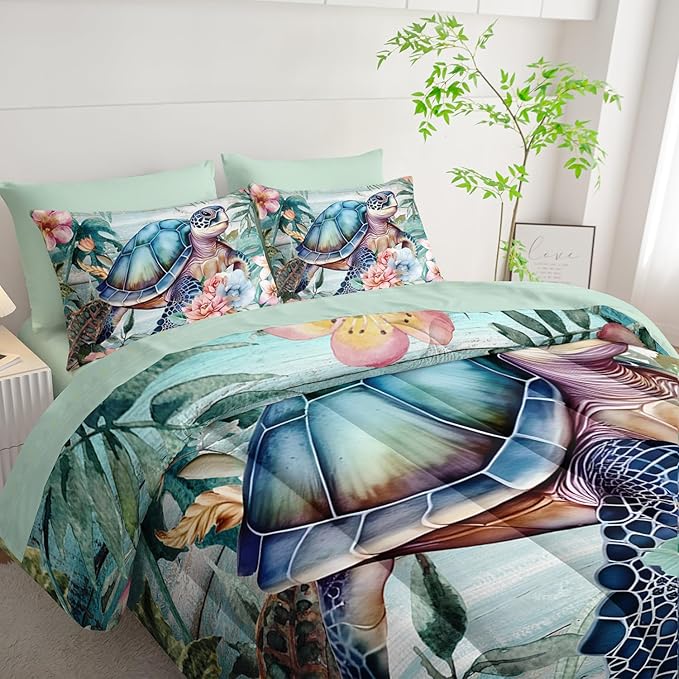 Spring Sea Turtle Comforter Set 7 Pcs Bedding Set Full Size,Spring Sea Turtle Theme Bedding Set 7 Piece in A Bag,Wooden Floral Tropical Plants Printed Quilts Set Lightweight Soft