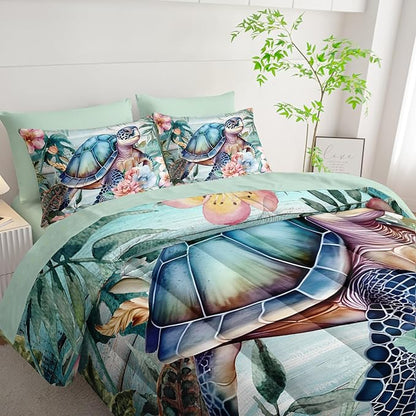 Spring Sea Turtle Comforter Set 7 Pcs Bedding Set Twin Size,Spring Sea Turtle Theme Bedding Set 7 Piece in A Bag,Wooden Floral Tropical Plants Printed Quilts Set Lightweight Soft