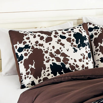Cow Print Comforter Western theme cowboy Set Milk Cow Print brown black cream color ranch farmhouse rustic lodge Bedding Reversible matching pillow shams included western comforter set queen (Queen)