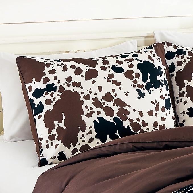 Cow Print Comforter King Size Western theme cowboy Comforter Set Milk Cow Print brown black cream color ranch farmhouse rustic lodge Bedding Set Reversible matching pillow shams included (King)