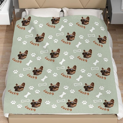 Custom Blanket with Funny Dog Face & Name Personalized Soft Warm Fleece Throw Blankets with Paw Bones Customized Throws for Couch Bed Sofa Unique Gifts for Dog Dad Mom Pet Lovers