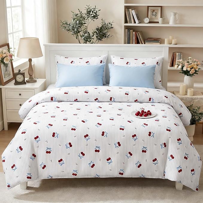Nayoroom Blue Striped Bow Comforter Set Queen Size Red Cherry Comforter 3 Pieces Soft Lightweight Girls Cute Aesthetic Dorm Bedding Set for All Seasons