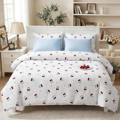 Nayoroom Blue Striped Bow Comforter Set Queen Size Red Cherry Comforter 3 Pieces Soft Lightweight Girls Cute Aesthetic Dorm Bedding Set for All Seasons