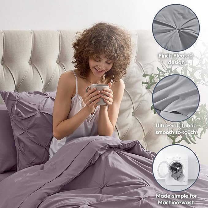 Nestl Twin Comforter Set 5 Piece - Pintuck Twin Bedding Set Grayish Purple, College Dorm Essentials for Girls and Boys Bed in a Bag Twin All Season, Twin Comforter Set with Sheets, Pillowcase and Sham