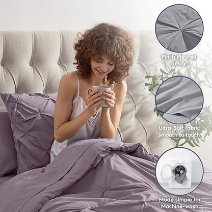 Nestl Twin Comforter Set 5 Piece - Pintuck Twin Bedding Set Grayish Purple, College Dorm Essentials for Girls and Boys Bed in a Bag Twin All Season, Twin Comforter Set with Sheets, Pillowcase and Sham