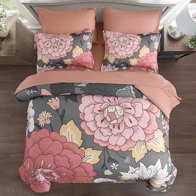 DJY Floral Queen Size Comforter Set Grey Pink 7 Pieces Bed in a Bag Botanical Pattern Boho Comforter Set, Soft Microfiber Complete Bedding Set for All Season(Pink/Grey, 90''x90'')