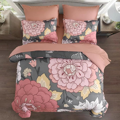 DJY Floral Queen Size Comforter Set Grey Pink 7 Pieces Bed in a Bag Botanical Pattern Boho Comforter Set, Soft Microfiber Complete Bedding Set for All Season(Pink/Grey, 90''x90'')